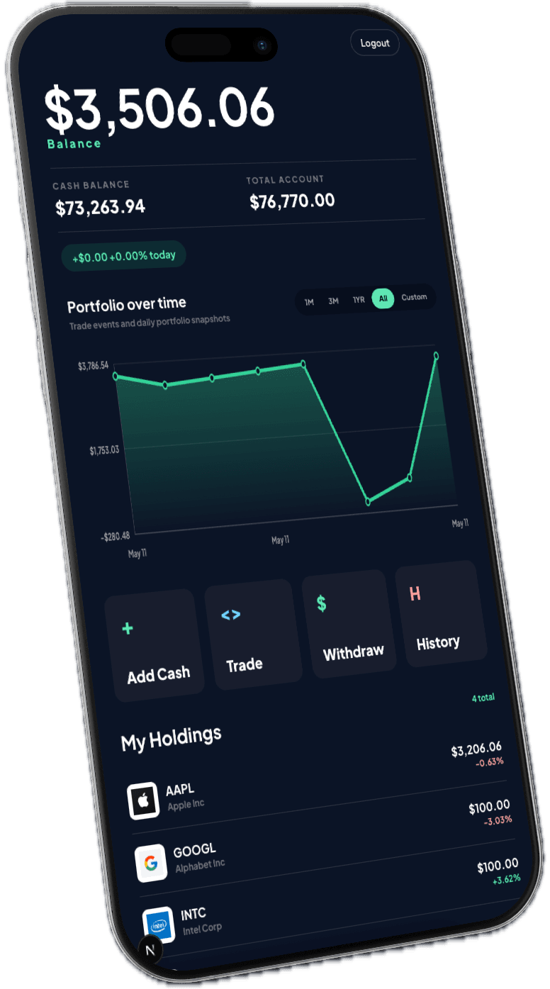 StockZeo portfolio dashboard shown on a phone