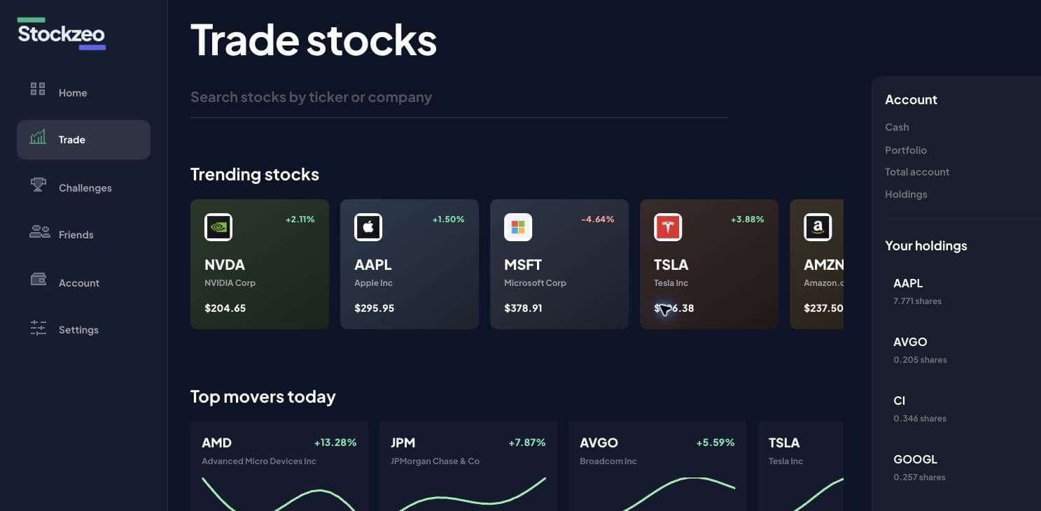 Stockzeo trade page showing trending stocks and holdings